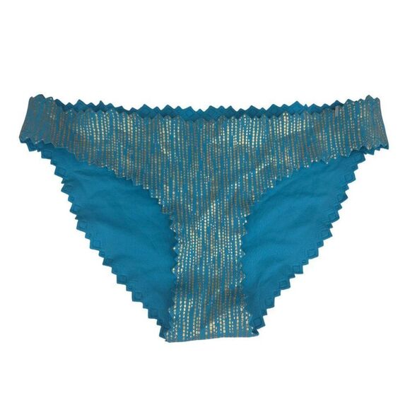 Teal Blue Gold Patterned Bikini Bottoms Zigzag Trim PilyQ Womens S NEW - Picture 1 of 4